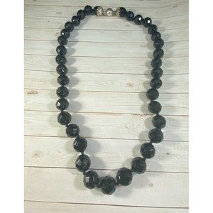 925 WW Faceted Jet Black Glass Beaded Necklace Knotted Designer Signed